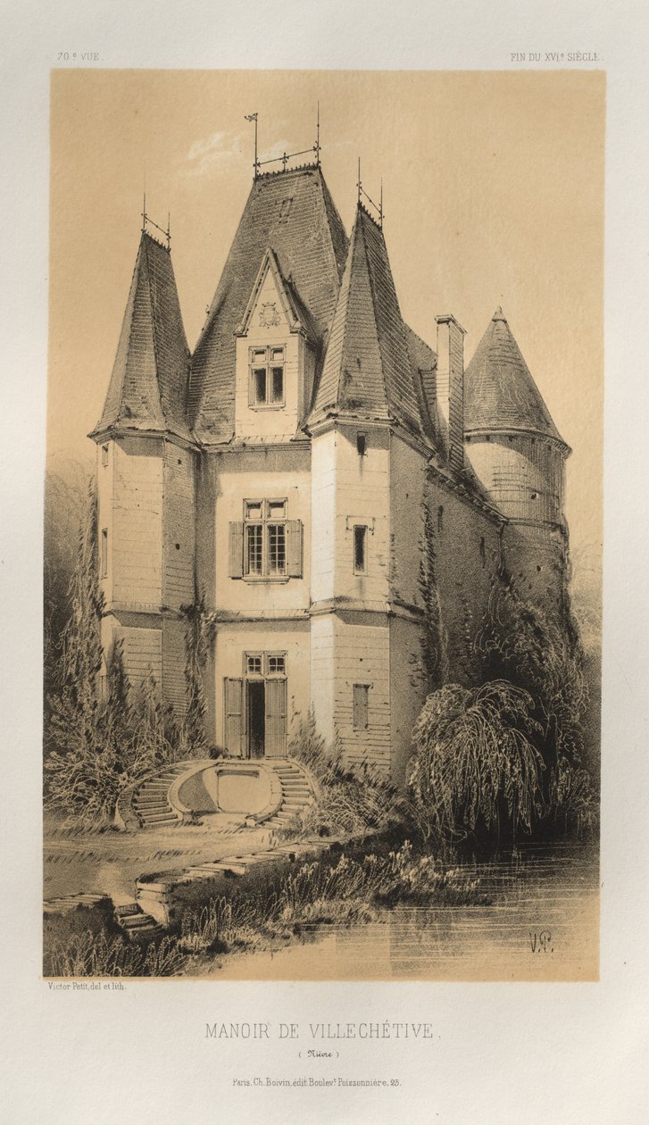 Malerisk arkitektur eller monumenter fra det 15. århundrede. Og XVI. århundreder: Slotte i Frankrig i det XV og XVI århundrede: Pl. 70, Manoir De Villechétive (Nièvre) af Victor Petit