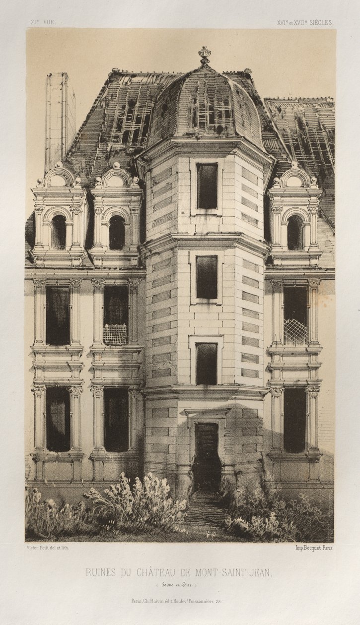 Malerisk arkitektur eller monumenter fra det 15. århundrede. Og XVI. Centuries: Slotte i Frankrig fra det XV og XVI århundreder: Pl. 71, ruinerne af slottet Mont-Saint-Jean (Saône et Loire) af Victor Petit