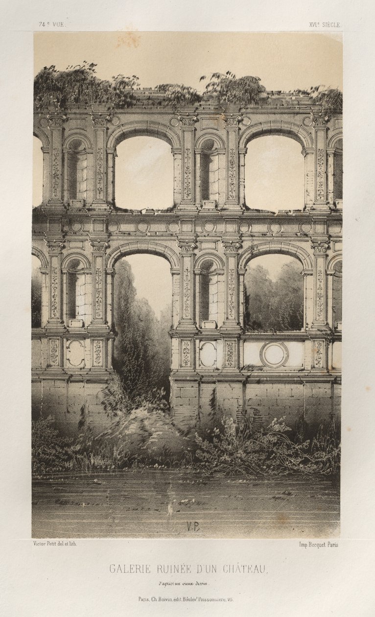 Malerisk arkitektur eller monumenter fra det 15. århundrede. Og XVI. Centuries: Slotte i Frankrig i det XV og XVI århundreder: Pl. 74, Ruined Gallery Of A Castle, efter en gammel tegning af Victor Petit