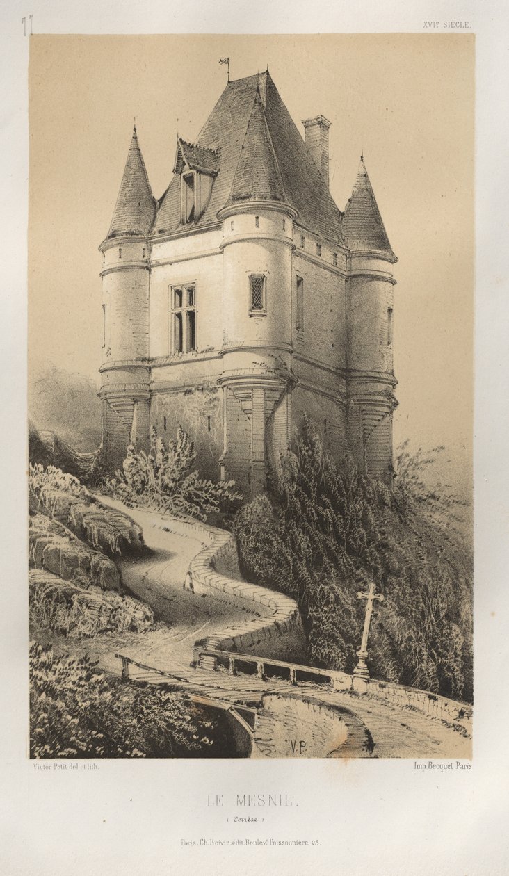 Malerisk arkitektur eller monumenter fra det 15. århundrede. Og XVI. århundreder: Slotte i Frankrig i det XV og XVI århundreder: Pl. 77, Le Mesnil (Corrèze) af Victor Petit