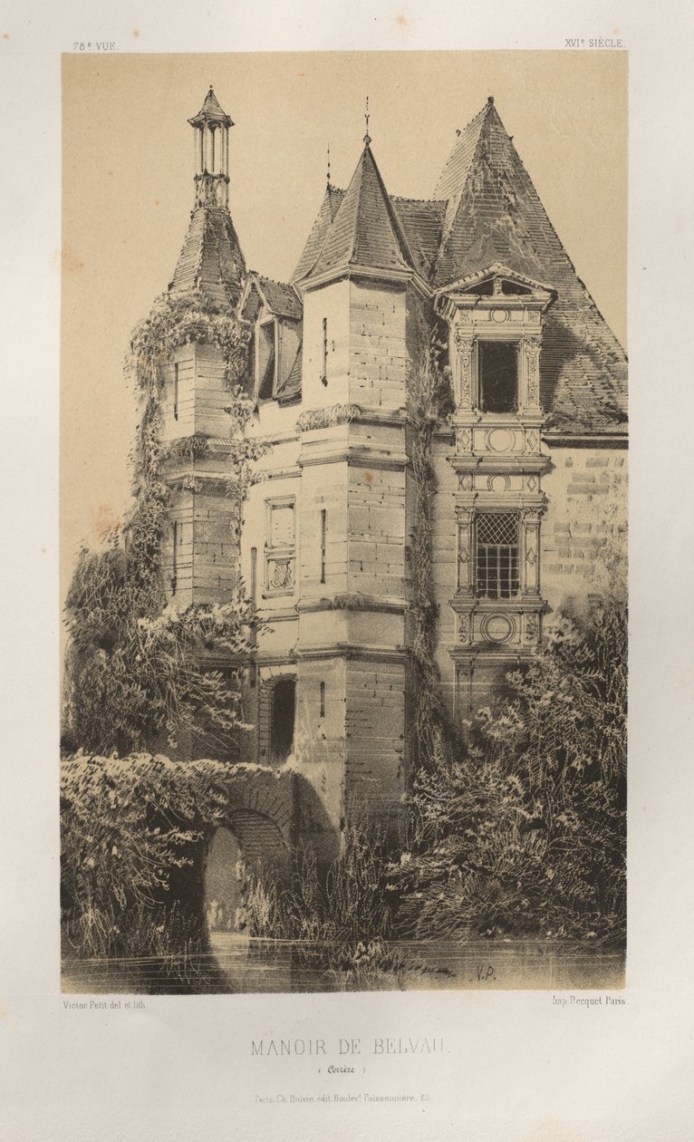 Malerisk arkitektur eller monumenter fra det 15. århundrede. Og XVI. Centuries: Chateaux of France of the XV and XVI Centuries: Pl. 78, Manoir de Belvau (Corrèze) af Victor Petit