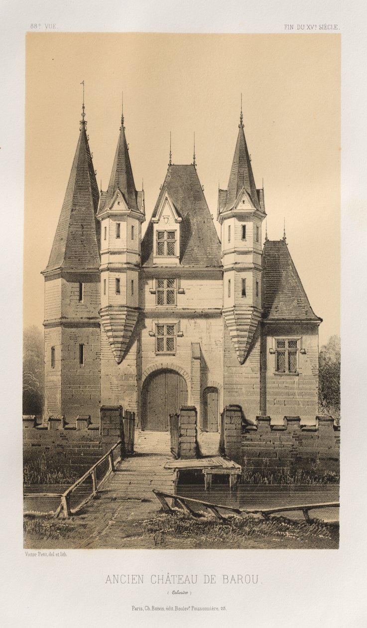 Malerisk arkitektur eller monumenter fra det 15. århundrede. Og XVI. Centuries: Slotte i Frankrig i det XV og XVI århundreder: Pl. 88, Old Castle of Barou (Calvados) af Victor Petit