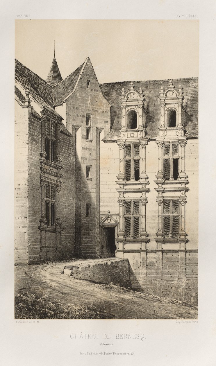 Malerisk arkitektur eller monumenter fra det 15. århundrede. Og XVI. århundreder: Slotte i Frankrig i det XV og XVI århundreder: Pl. 92, Château de Bernesq (Calvados) af Victor Petit