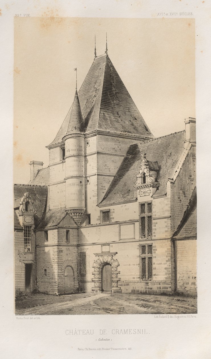 Malerisk arkitektur eller monumenter fra det 15. århundrede. Og XVI. århundreder: Frankrigs slotte i det XV og XVI århundrede: Pl. 93, Château de Cramesnil (Calvados) af Victor Petit