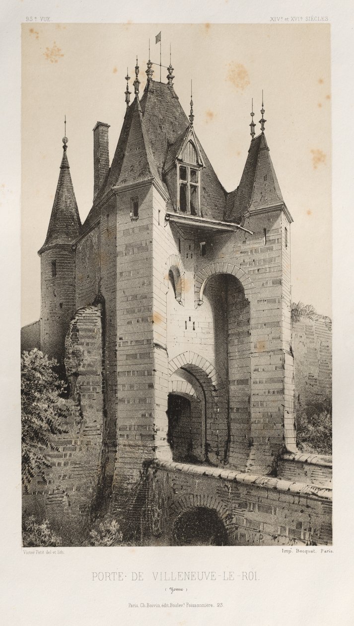 Malerisk arkitektur eller monumenter fra det 15. århundrede. Og XVI. århundreder: Slotte i Frankrig i det XV og XVI århundreder: Pl. 95, Porte de Villeneuve-Le-Roi (Yonne) af Victor Petit