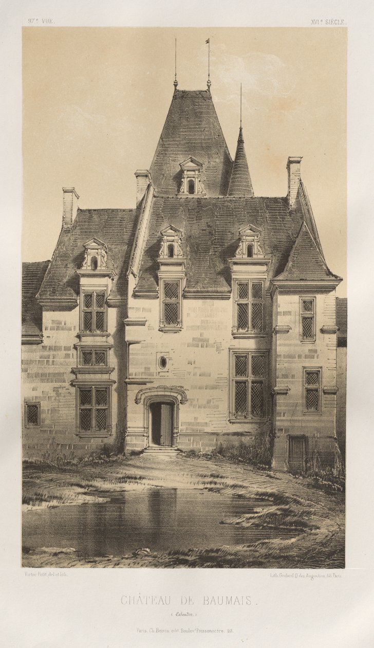 Malerisk arkitektur eller monumenter fra det 15. århundrede. Og XVI. århundreder: Slotte i Frankrig fra det XV og XVI århundreder: Pl. 97, Château de Baumais (Calvados) af Victor Petit