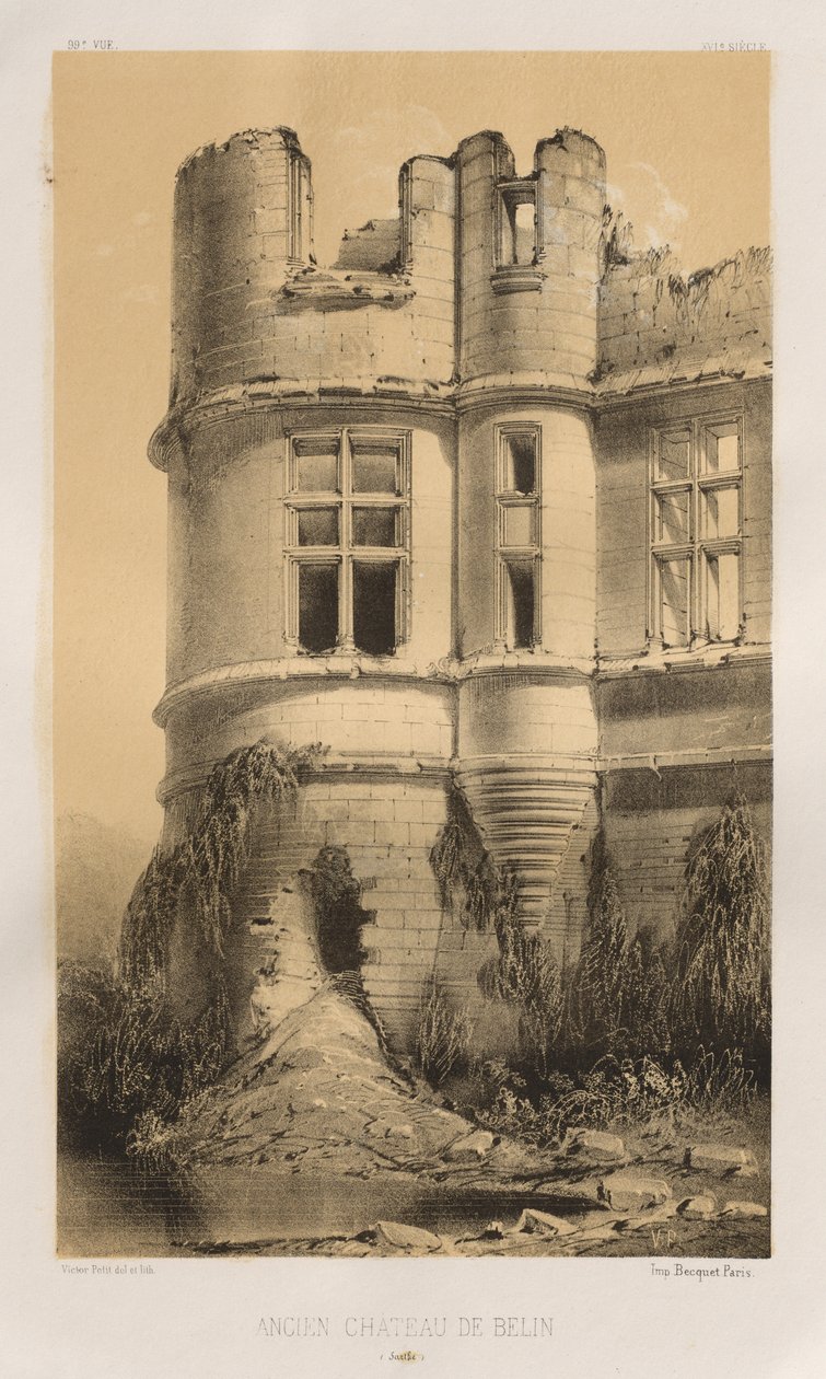 Malerisk arkitektur eller monumenter fra det 15. århundrede. Og XVI. Centuries: Slotte i Frankrig i det XV og XVI århundreder: Pl. 99, Belins gamle slot (Sarthe) af Victor Petit