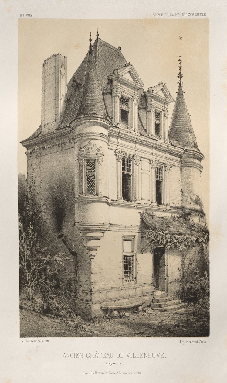 Malerisk arkitektur eller monumenter fra det 15. århundrede. Og XVI. Centuries: Chateaux De France fra det XV og XVI århundreder: Pl. 9, Old Chateau of Villeneuve (Yonne) af Victor Petit