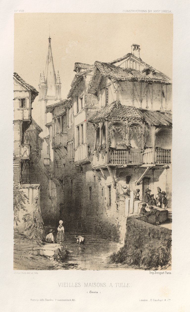 Malerisk arkitektur eller monumenter fra det 15. århundrede. Og XVI. Centuries: Frankrigs slotte i XV og XVI århundreder: Pl. 10, gamle huse i Tulle (Correze) af Victor Petit