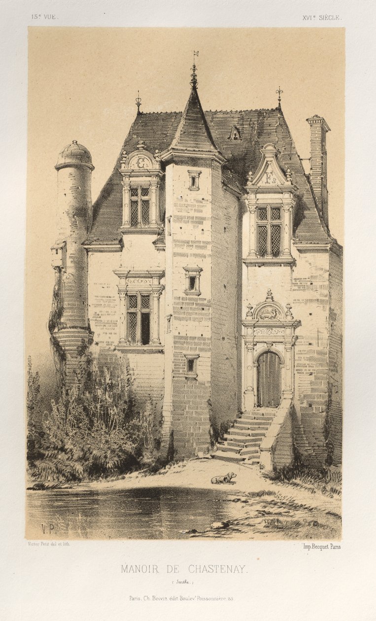 Malerisk arkitektur eller monumenter fra det 15. århundrede. Og XVI. århundreder: Chateaux De France fra det XV og XVI århundreder: Pl.15, Manoir De Chastenay (Sarthe) af Victor Petit
