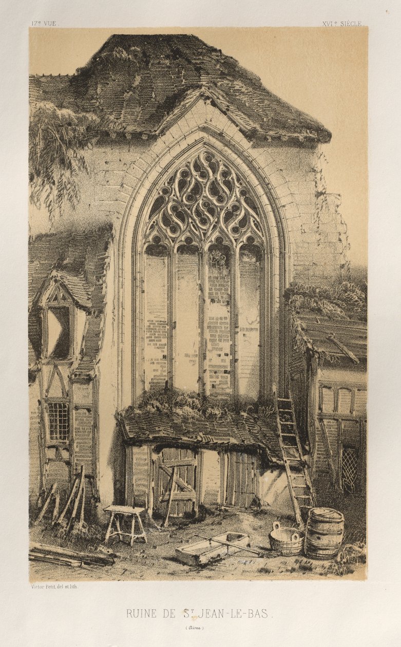 Malerisk arkitektur eller monumenter fra det 15. århundrede. Og XVI. Centuries: Frankrigs slotte i XV og XVI århundreder: Pl.17, ruin af St. Jean-Le-Bas (Aisne) af Victor Petit