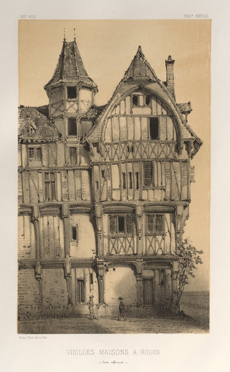 Malerisk arkitektur eller monumenter fra det 15. århundrede. Og XVI. Centuries: Frankrigs slotte i XV og XVI århundreder: Pl. 21, gamle huse i Rouen (Seine-Inferieure) af Victor Petit