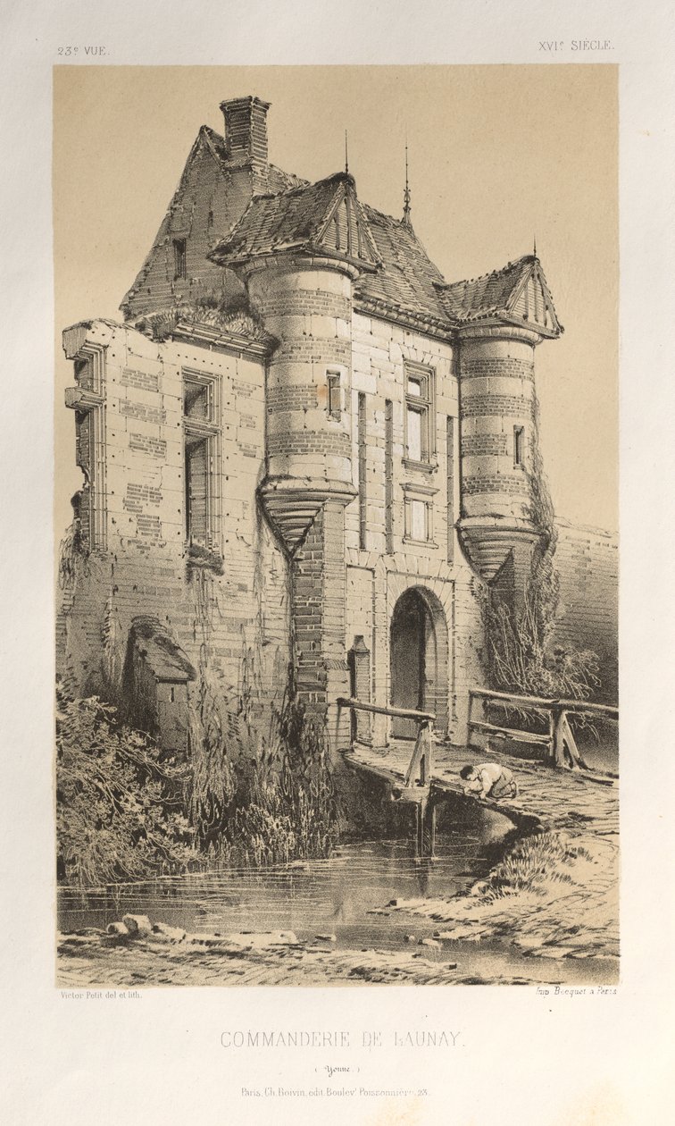 Malerisk arkitektur eller monumenter fra det 15. århundrede. Og XVI. Århundrede: Chateaux De France fra det XV og XVI århundreder: Pl. 23 Commanderie De Launay (Yonne) af Victor Petit
