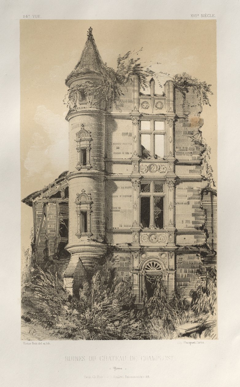 Malerisk arkitektur eller monumenter fra det 15. århundrede. Og XVI. Centuries: Chateaux of France of the XV and XVI Centuries: Pl. 24, ruinerne af Chateau De Champlost (Yonne) af Victor Petit