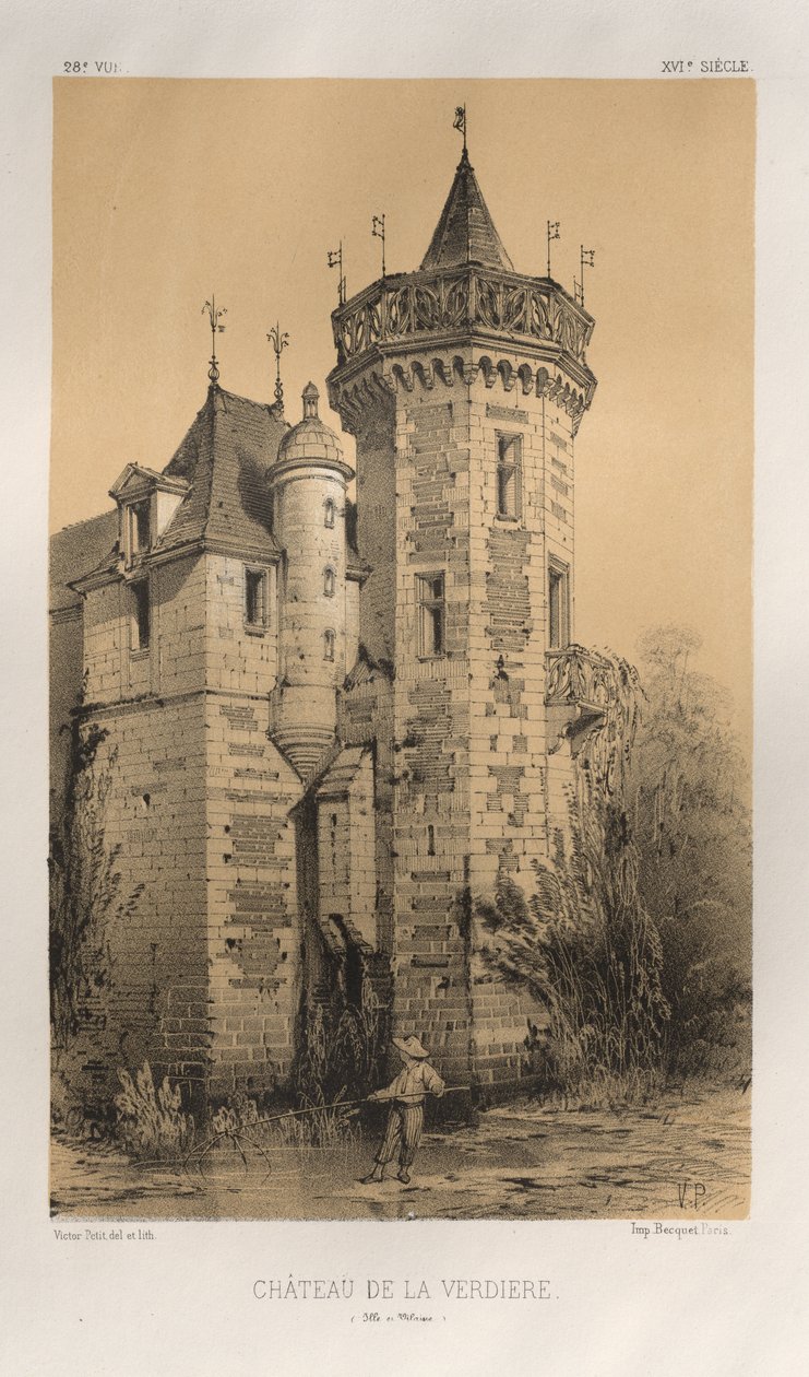 Malerisk arkitektur eller monumenter fra det 15. århundrede. Og XVI. århundreder: Chateaux De France fra det XV og XVI århundrede: Pl. 28, Chateau De La Verdiere (Ille en Vilaine) af Victor Petit