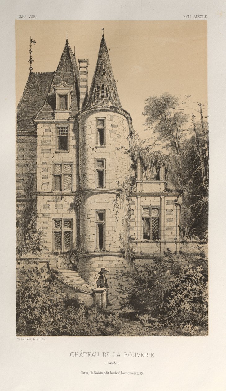 Malerisk arkitektur eller monumenter fra det 15. århundrede. Og XVI. Centuries: Chateaux of France of the XV and XVI Centuries: Pl. 29, Chateau De La Bouverie (Sarthe) af Victor Petit