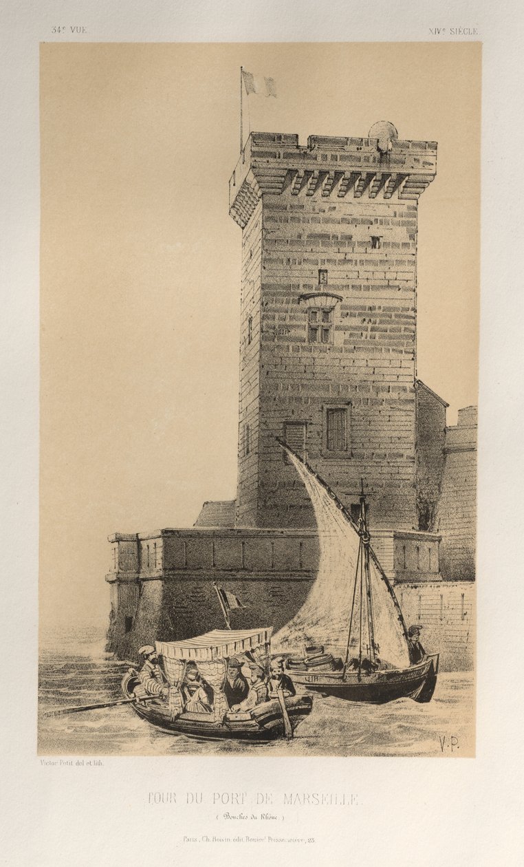 Malerisk arkitektur eller monumenter fra det 15. århundrede. Og XVI. Centuries: Frankrigs slotte i XV og XVI århundreder: Pl. 34, Tårnet i Marseille Havn (Bouches Du Rhône) af Victor Petit