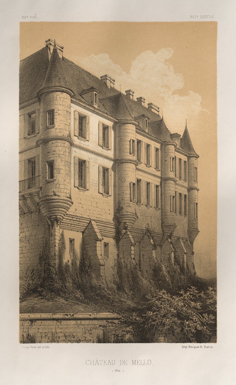 Malerisk arkitektur eller monumenter fra det 15. århundrede. Og XVI. århundreder: Chateaux De France fra det XV og XVI århundreder: Pl. 35, Château De Mello (Oise) af Victor Petit