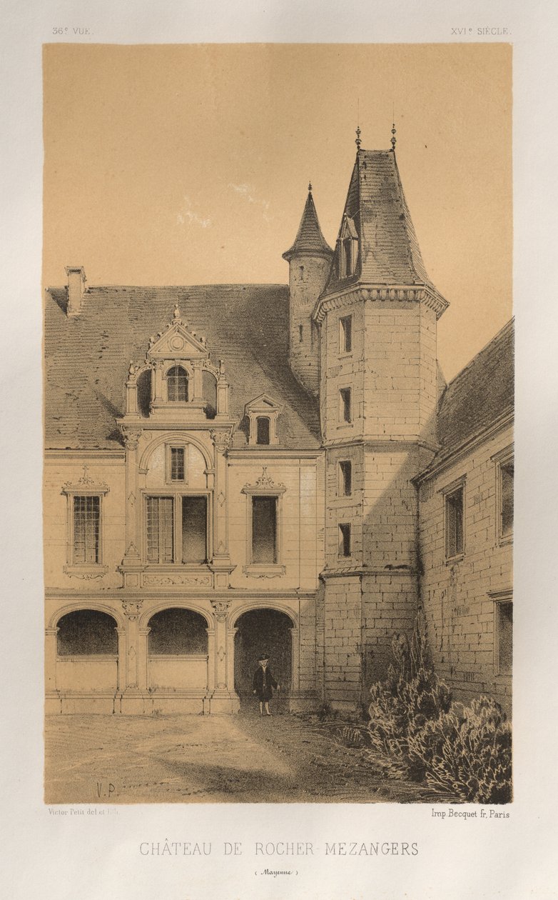 Malerisk arkitektur eller monumenter fra det 15. århundrede. Og XVI. Centuries: Chateaux De France fra det XV og XVI århundreder: Pl. 36, Château De Rocher Mezangers (Mayenne) af Victor Petit