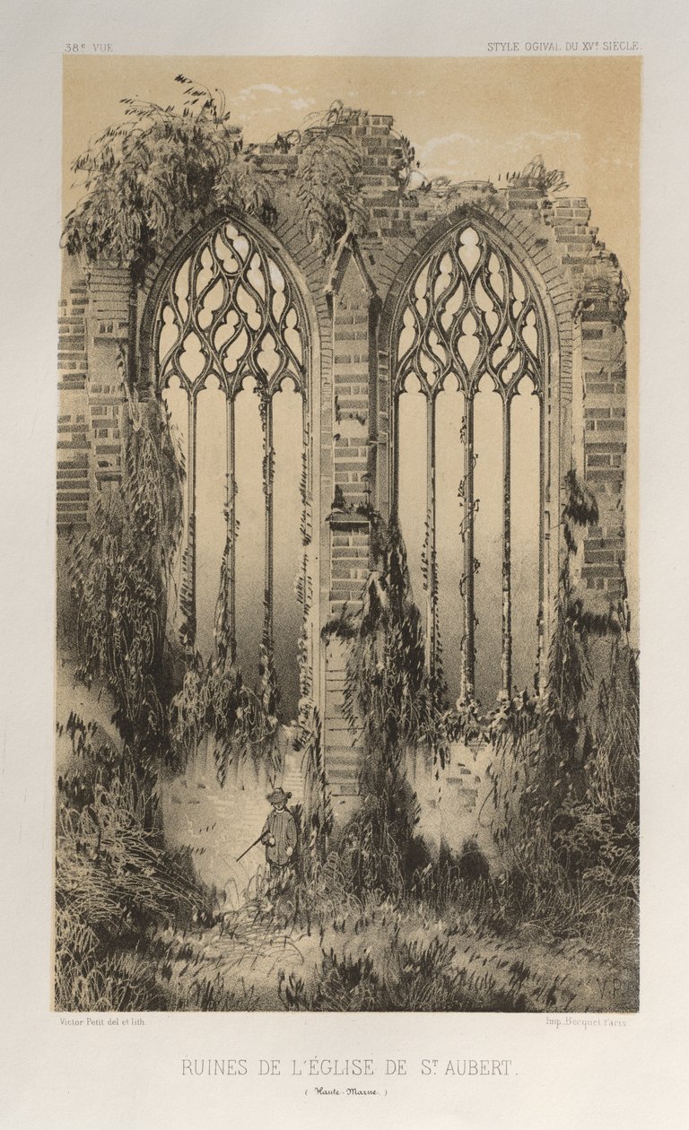 Malerisk arkitektur eller monumenter fra det 15. århundrede. Og XVI. Centuries: Chateaux of France of the XV and XVI Centuries: Pl. 38, ruinerne af St. Aubert-kirken (Haute-Marne) af Victor Petit