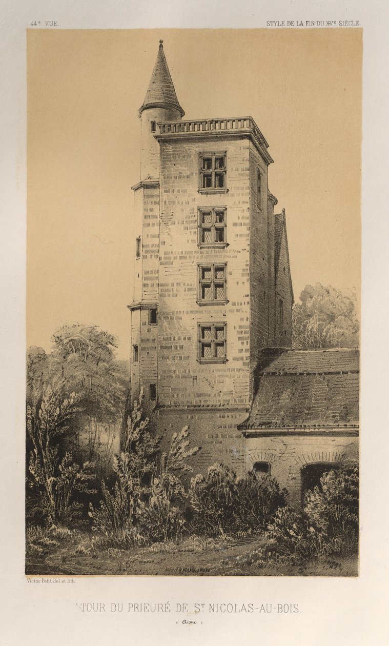 Malerisk arkitektur eller monumenter fra det 15. århundrede. Og XVI. Centuries: Frankrigs slotte i det 15. og 16. århundrede: Pl. 44, Tårnet i Priory of St. Nicolas-Au-Bois (Aisne) af Victor Petit