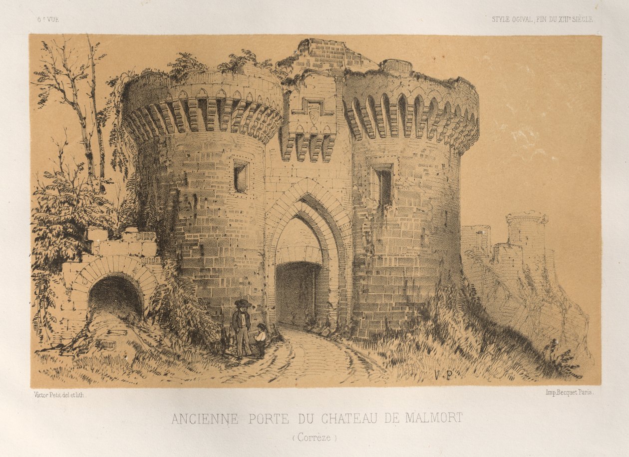 Malerisk arkitektur eller monumenter fra det 15. århundrede. Og XVI. Centuries: Chateaux Of France Of The XV and XVI Centuries: Pl.6, Old Gate Of Chateau De Malmort (Correze) af Victor Petit