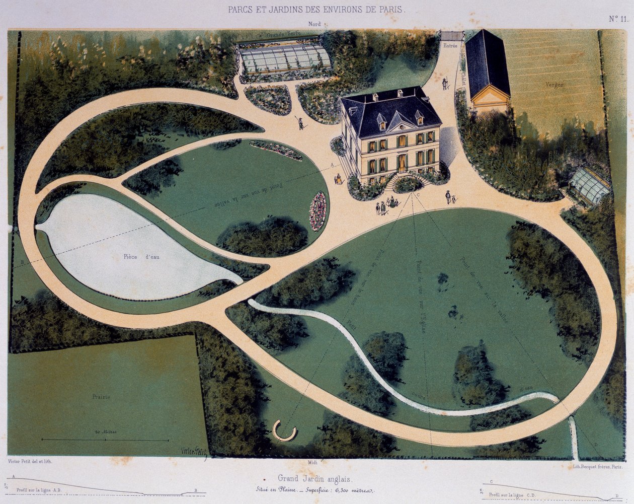 Stor engelsk have på 6300 kvadratmeter, Illustration taget fra Parcs et Jardins des environs de Paris (Parker og haver omkring Paris), Ca 1850, Litografi af Victor Petit (1818-1871), Frankrig af Victor Petit