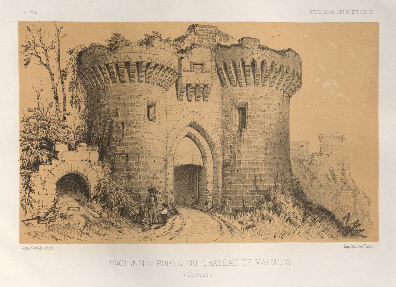 ...Pl.6, Old Door Of The Chateau De Malmort Correze, 1860. af Victor Petit