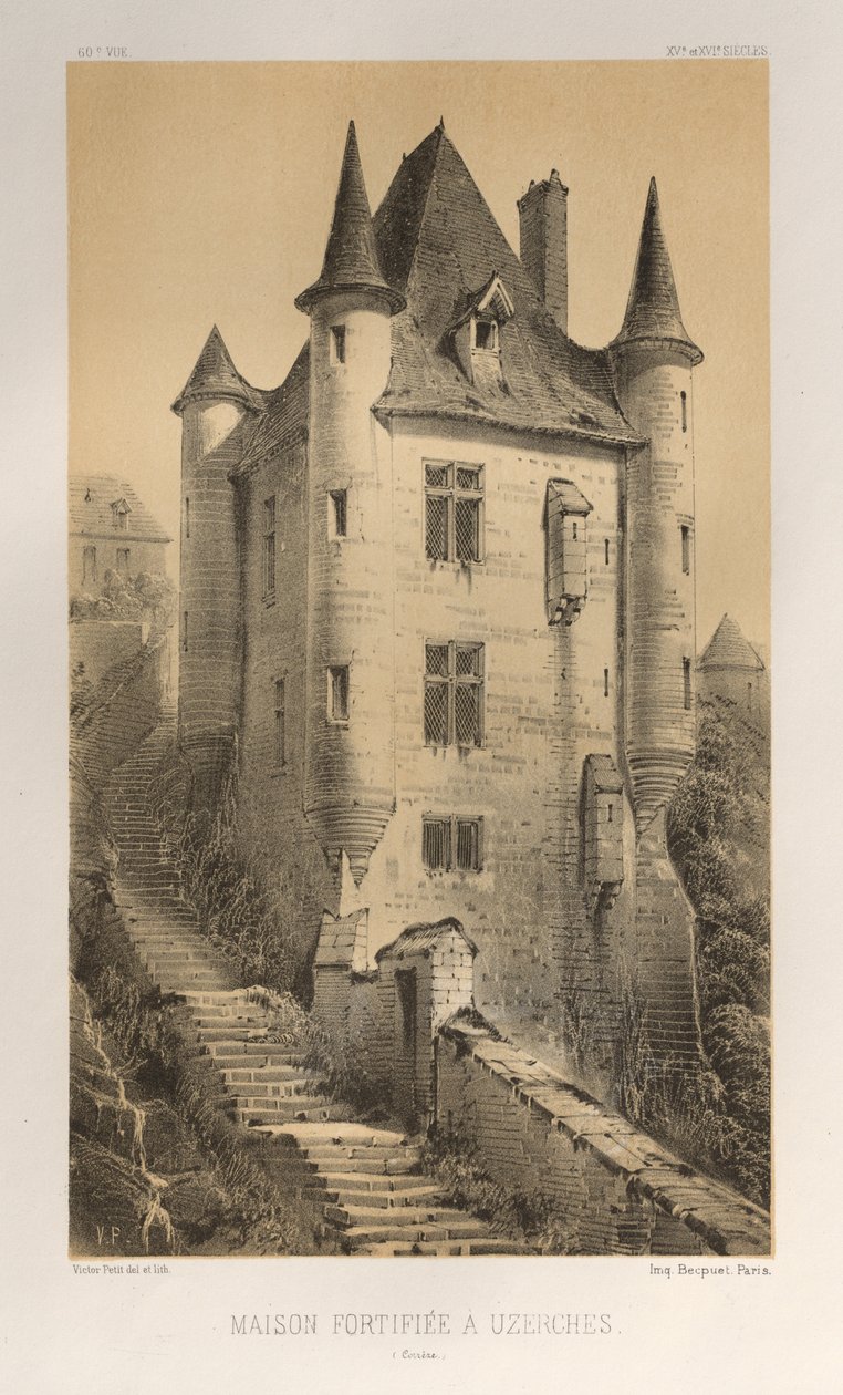 ...pl. 60, befæstet hus ved Uzerches Corrère, 1860. af Victor Petit
