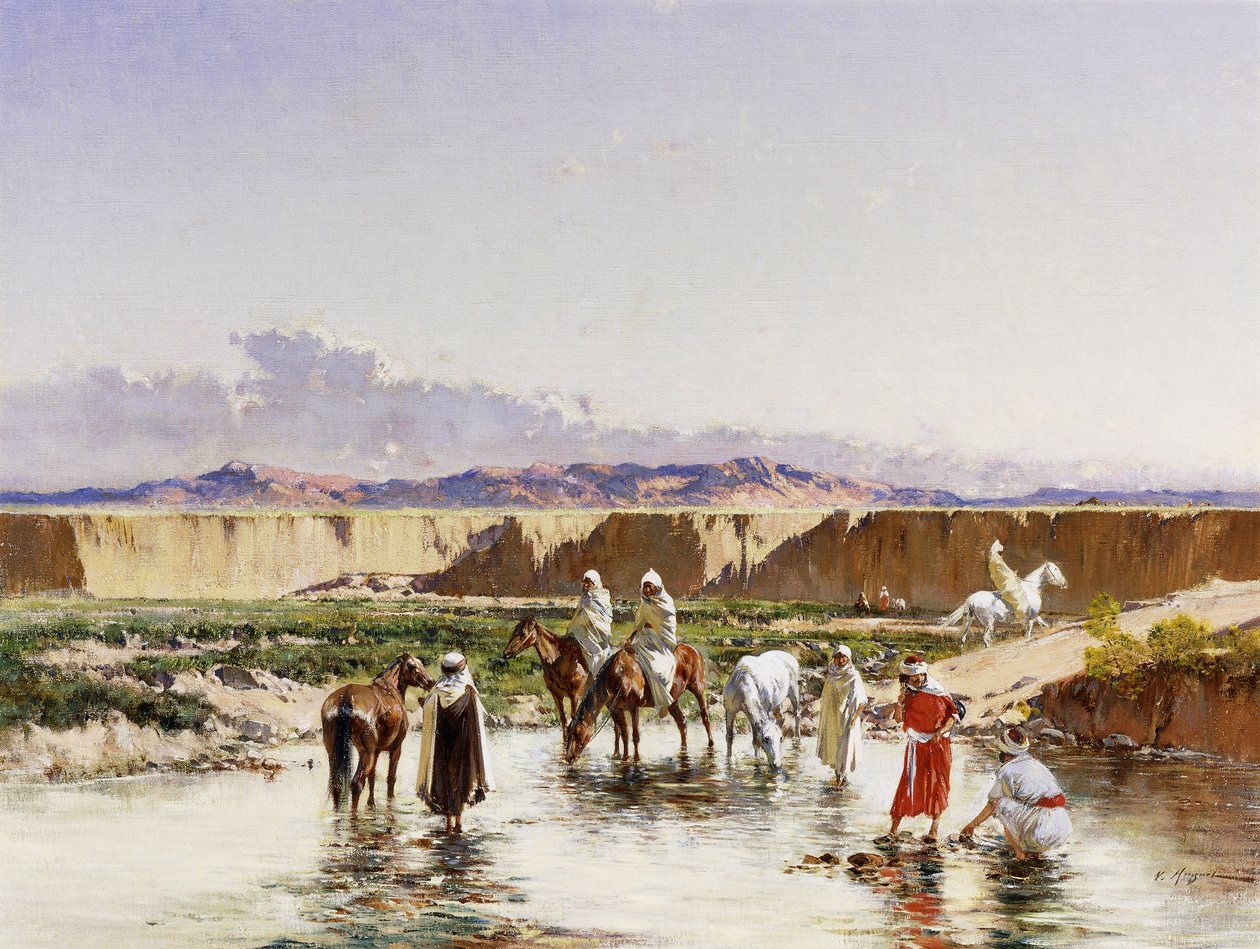 Arabiske ryttere vander i en oase, af Victor Pierre Huguet
