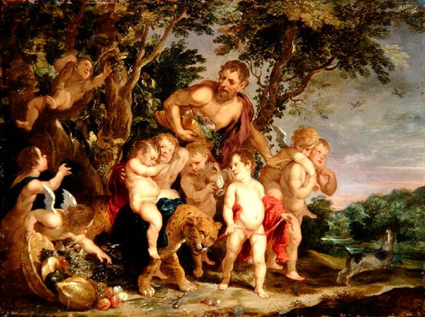 A Bacchanal in a Wooded River Landscape (olie på kobber) af Victor Wolfvoet