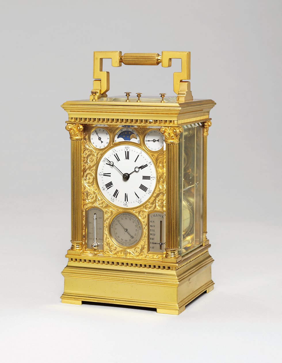 Fransk messing grande sonnerie otte dages vognur med fuld kalender, månefase, barometer og termometer, ca. 1880 af Victorien Boseet