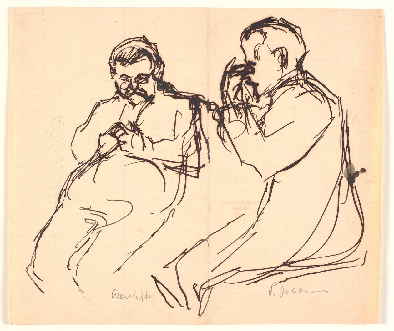 Figurskitse. To siddende mænd: Aarsleff og P. Johansen af Viggo Johansen