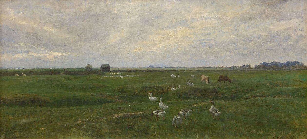 Gæs ved en sø. En storm er under opsejling. Dragør, Amager af Viggo Johansen