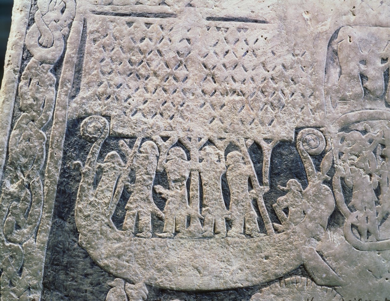 Detalje af en billedsten, der forestiller den afdødes sidste rejse, fra Isle of Gotland-stenen af Viking