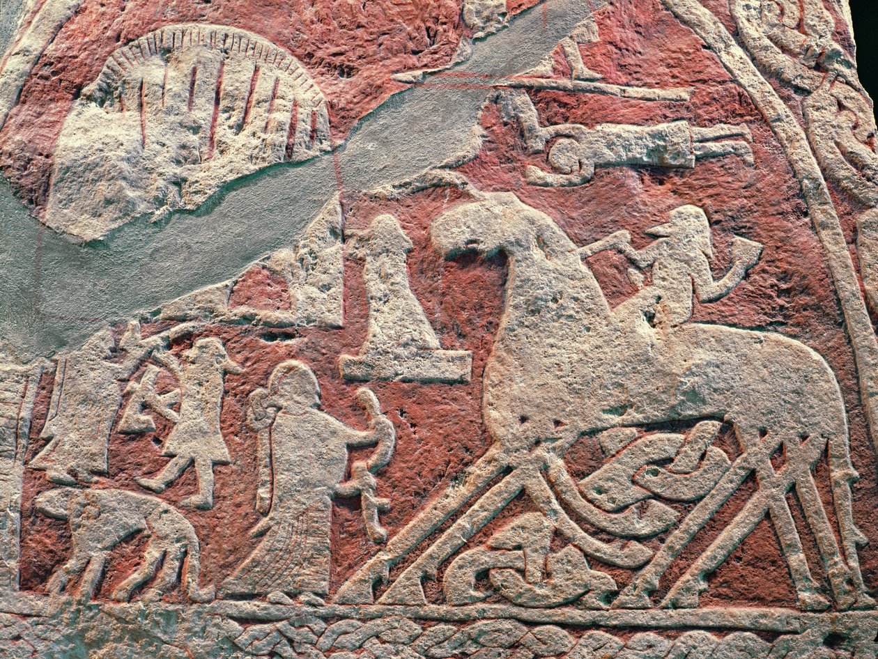 Detalje af figurer, der illustrerer en saga, fra Isle of Gotland-stenen af Viking