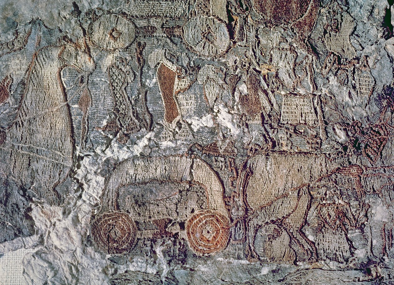 Detalje af et dyr, der trækker en vogn, fra et gobelin fundet med Oseberg-skibet (tekstil) af Viking