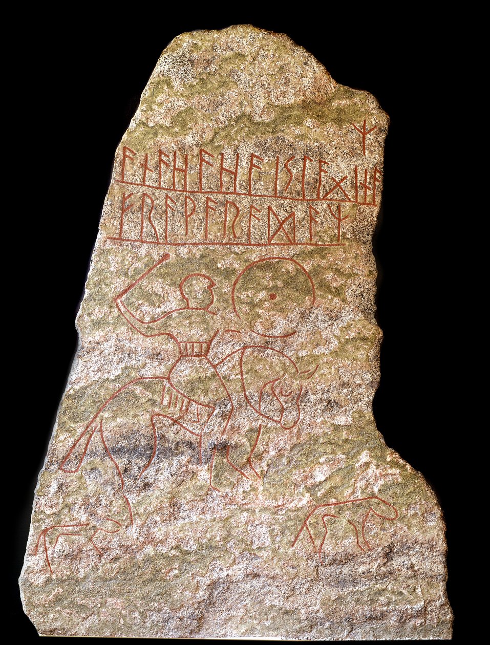 En stele med runeindskrifter, der repræsenterer en vikingerytter med en hund (sten) af Viking Viking