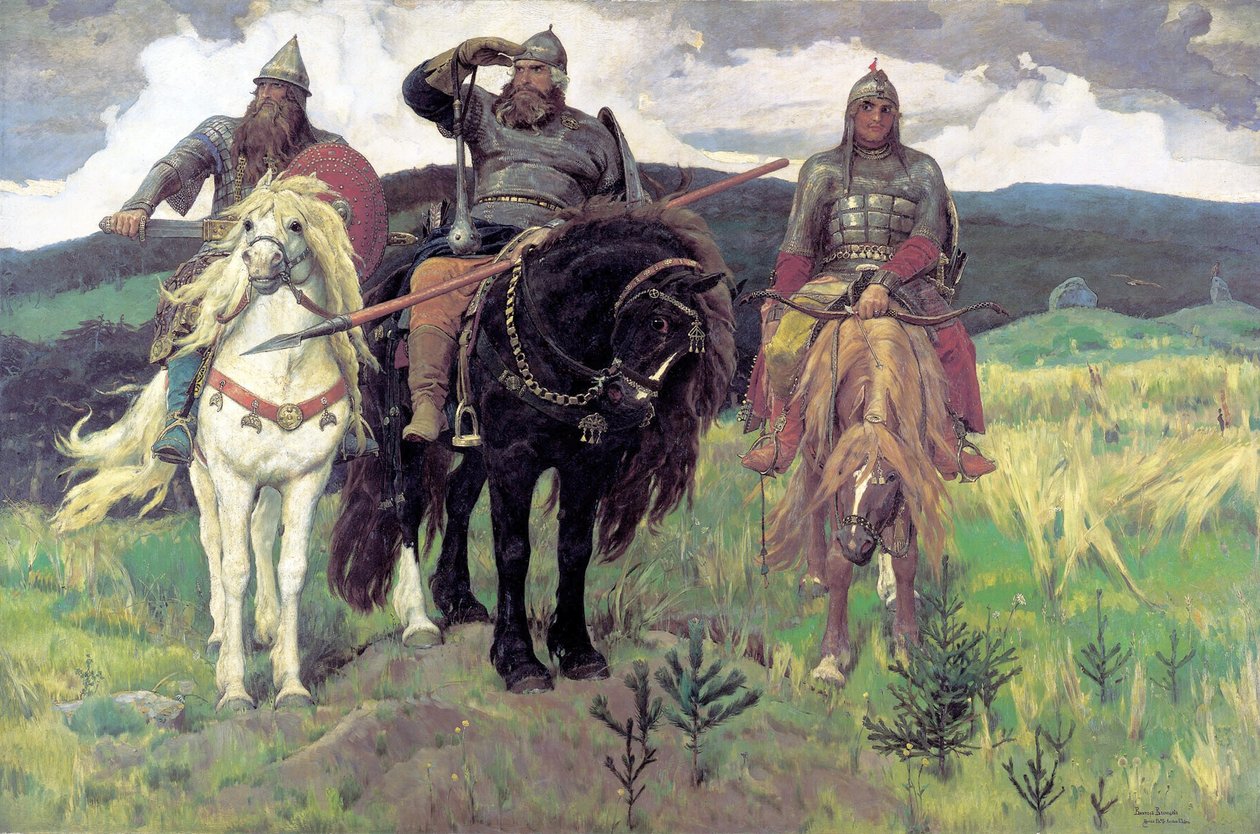 Engelsk: De tre Bogatyri Francais: Les Bogatyrs af Viktor Mikhaylovich Vasnetsov