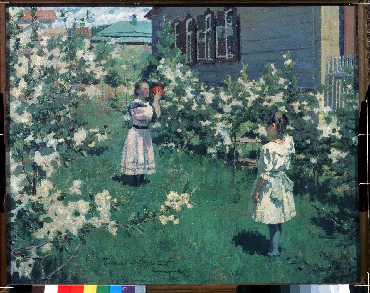 ""Fleurs de mai"" (må blomster) Små piger spiller bold i en blomsterhave om foråret. Maleri af Viktor Elpidiforovich Borisov-Musatov (1870-1905) 1894 State Tretyakov Gallery, Moskva af Viktor Elpidiforovich Borisov Musatov