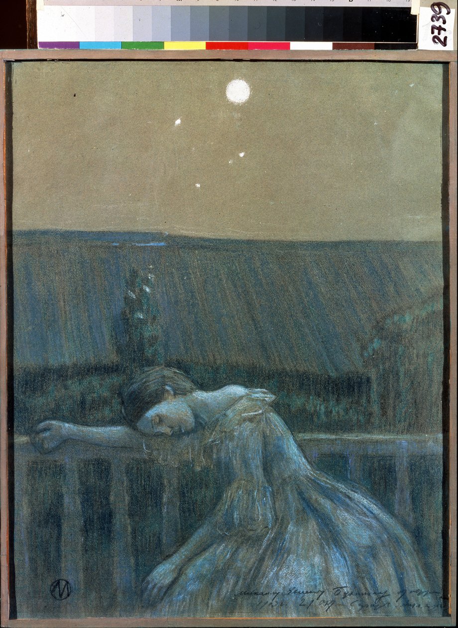 ""Sorgen"" (Sorgen) En desperat ung pige, der læner sig op ad et rækværk. Akvarel og pastel af Viktor (Victor) Elpidiforovich Borisov-Musatov (Borisov Musatov) (1870-1905) (symbolik) 1903 Statens Museum for Historie og Kunst Serpukhov (Serpukhov). af Viktor Elpidiforovich Borisov-Musatov