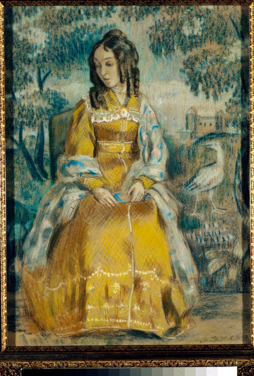 Portræt af Nadezhda Stanyukovich foran et gobelin, eftertænksom, iført krinolinkjole - Tegning af Viktor (Victor) Elpidiforovich Borisov-Musatov (Borisov Musatov) (1870-1905) af Viktor Elpidiforovich Borisov Musatov