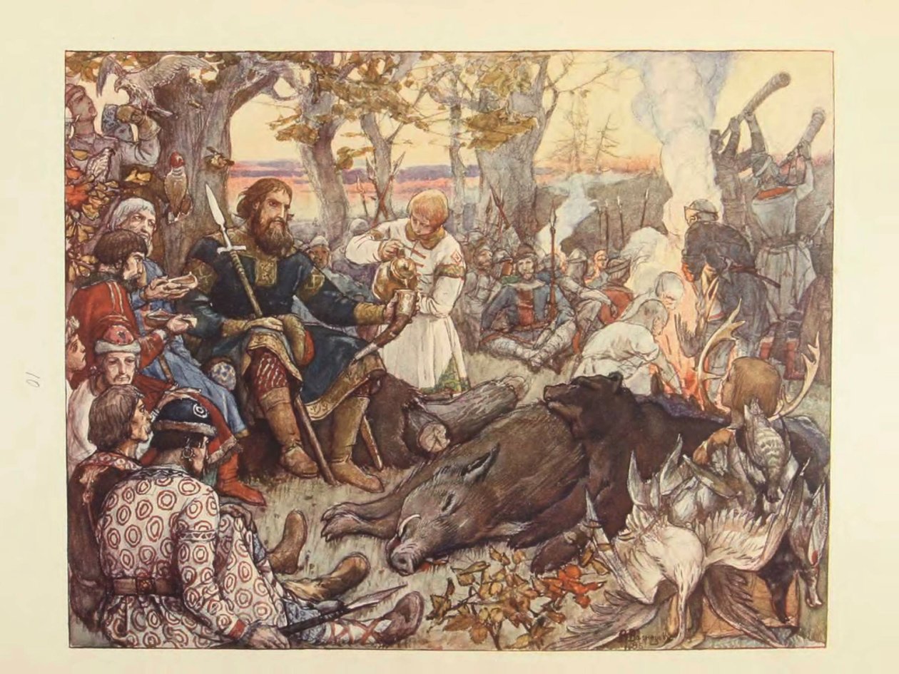 Resten af storprins Vladimir II Monomakh på jagt. Den kejserlige jagt i Rusland af N. Kutepov, af Viktor Mikhaylovich Vasnetsov