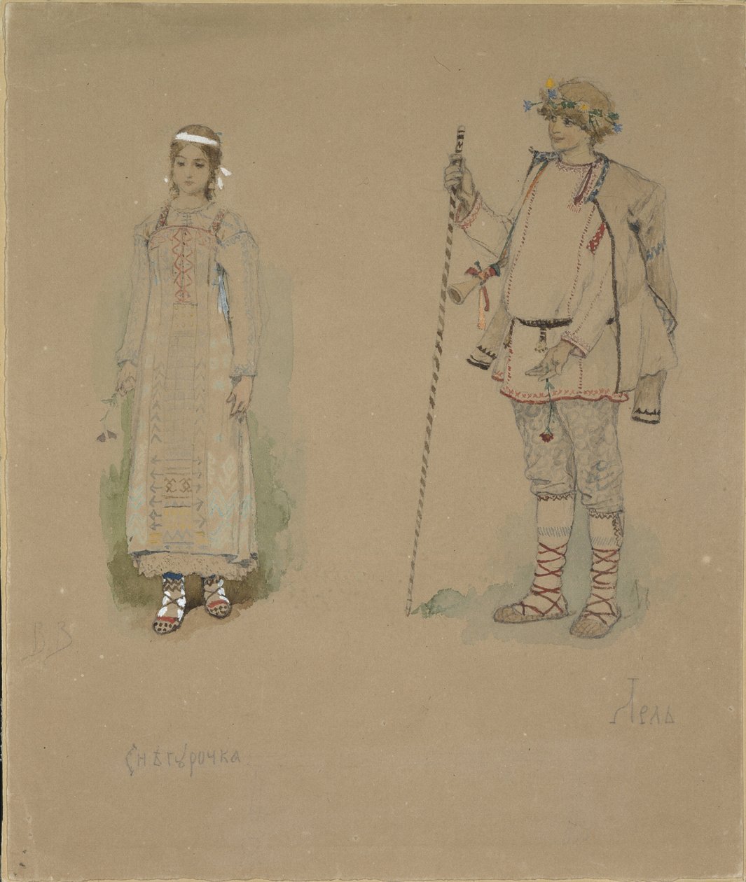 Snow Maiden og Lel. Kostumedesign til operaen Snow Maiden af N. Rimsky-Korsakov, 1885 af Viktor Mikhaylovich Vasnetsov