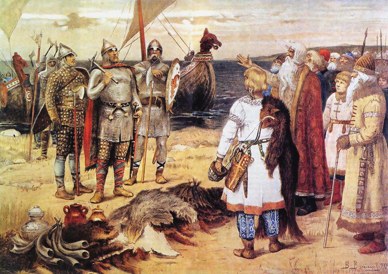 Varangianernes invitation: Rurik og hans brødre ankommer til Staraya Ladoga før 1912 af Viktor Mikhaylovich Vasnetsov