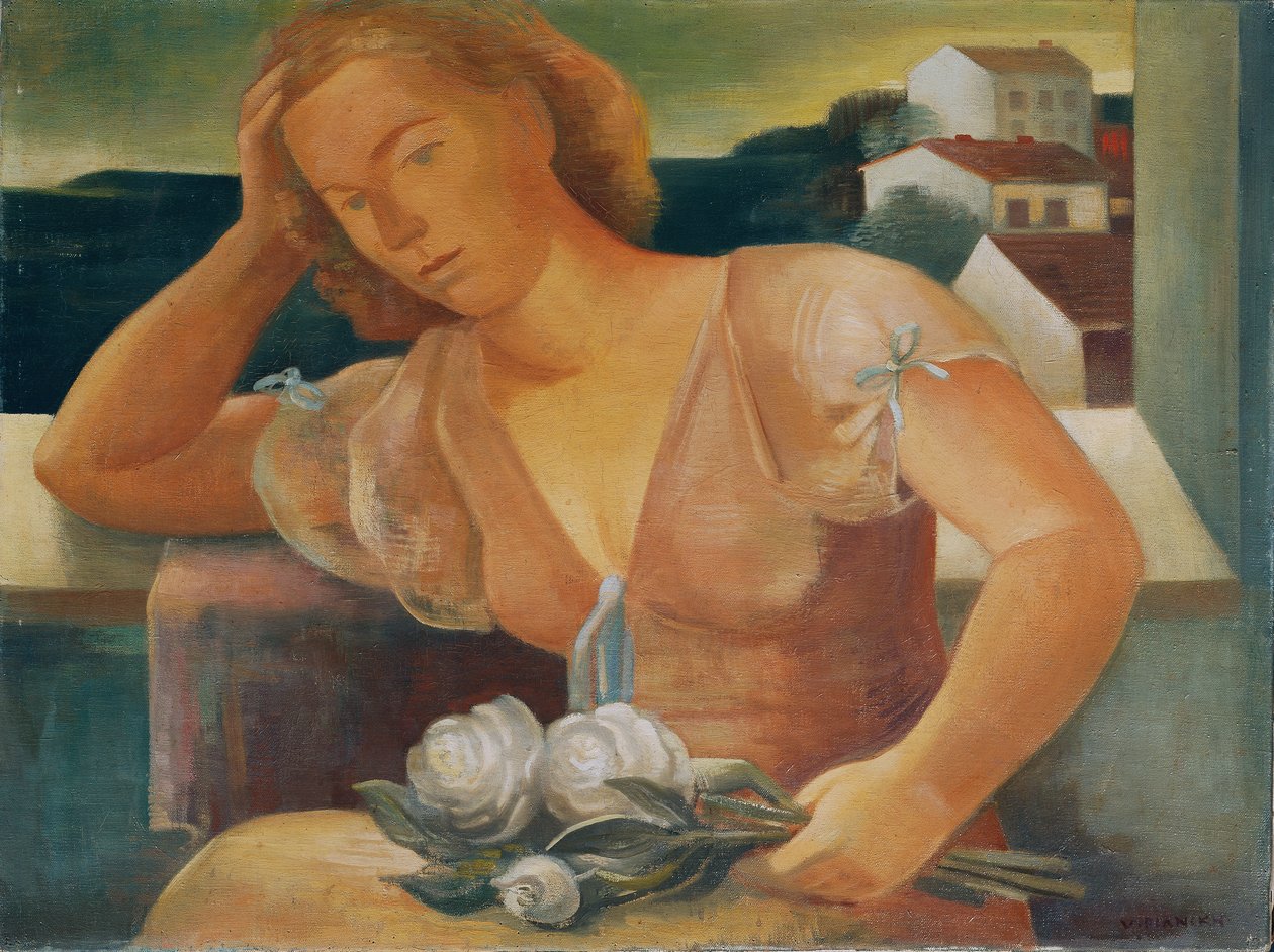 Kunstnerens kone med blomster af Viktor Planckh