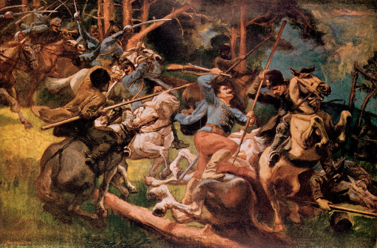 Ungarske husarer og russiske kosakker i kamp i Karpaterne i 1915 af Viktor Tardos