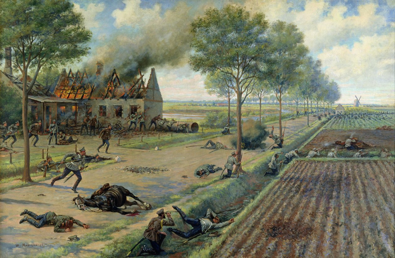 Det russiske kavaleri kæmper mod tyskerne i en landsby i 1915, ca. 1915-16 (olie på lærred) af Viktor Viketyevich Masurovsky