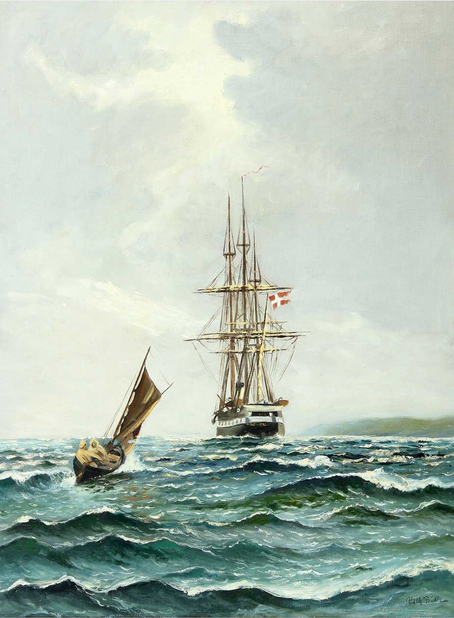 Seascape med Fregatten Jylland af Vilhelm Bille