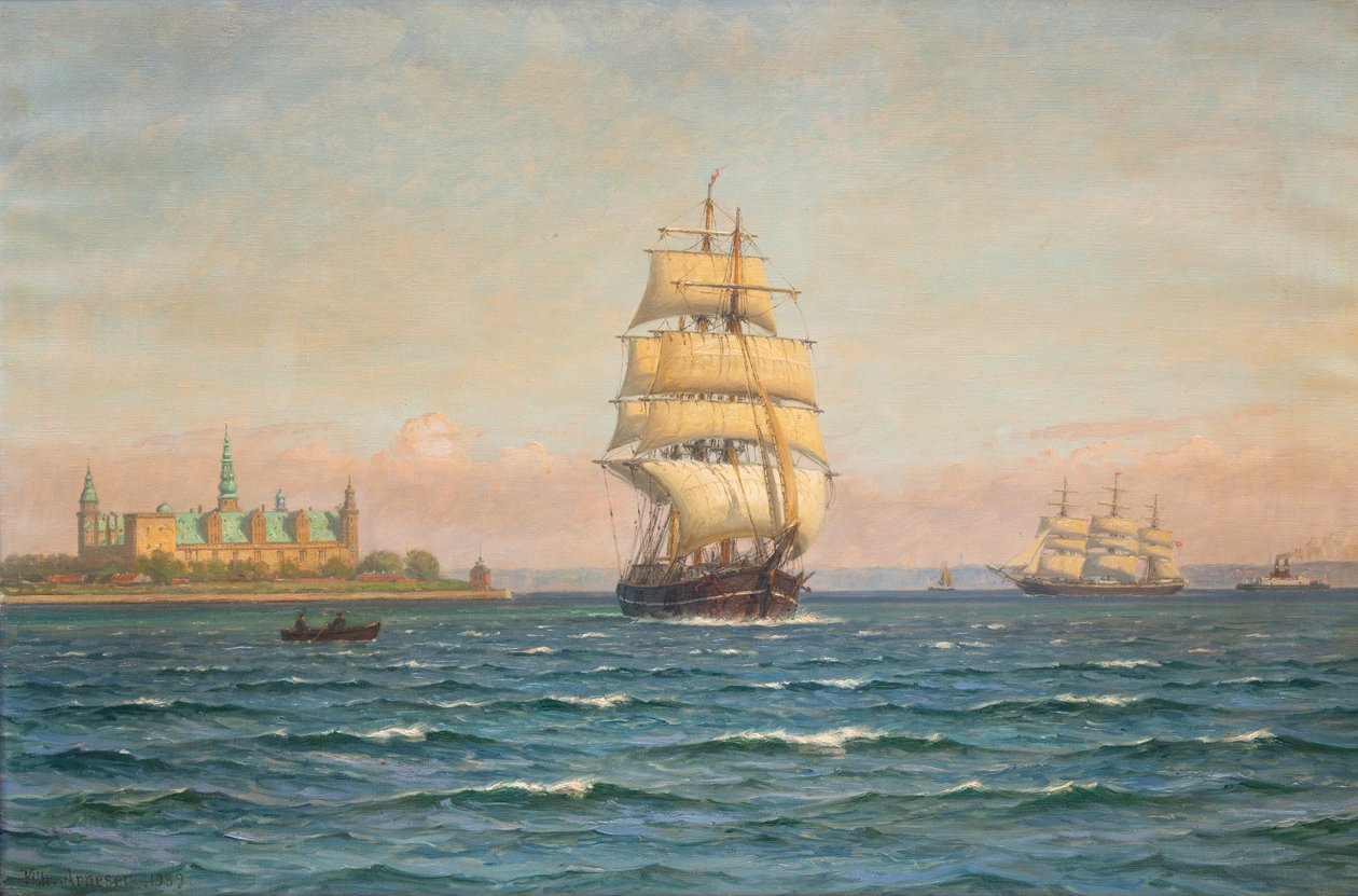 Sejlskibe og en færge ud for Kronborg. af Vilhelm Arnesen